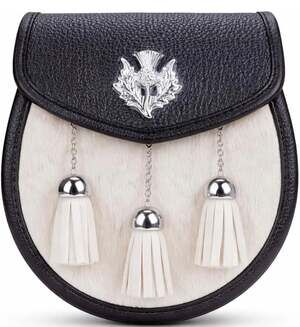 Premium‎ White Fur Scottish Kilt Sporran with Thistle Badge and Detachable Chain